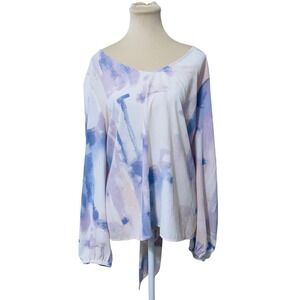 EVRI Abstract Watercolor Tie Back Blouse 1X‎ Purple Blue Pastel Fairycore Boho